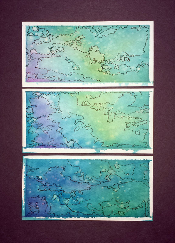 Into Light | Watercolor and ink on paper | 3 pieces, each 3" x 6" | January 30-in-30 Challenge