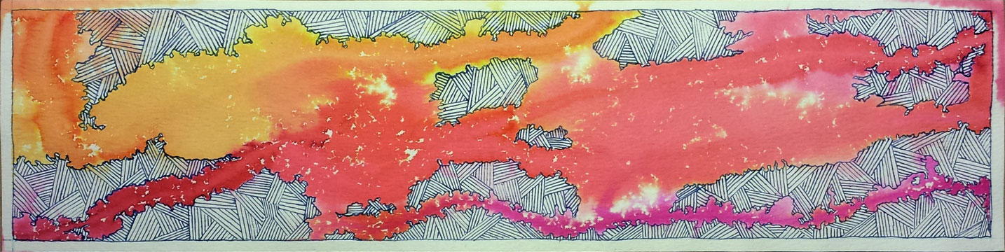 Ablaze | Watercolor and blue Ink on paper | 12" x 3" | January 30-in-30 Challenge
