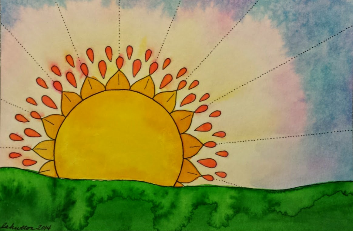 Sunflower Sunrise | Watercolor and pen on paper | 4" x 6" | August 2014 | Postcard Swap #3