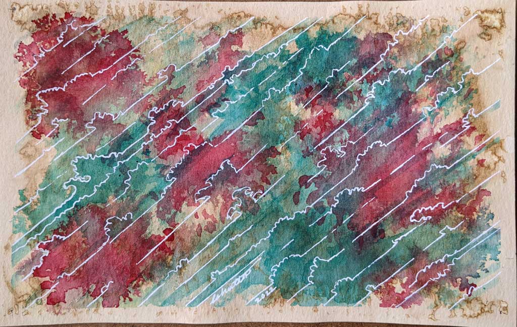 Contrails | 8.5in x 5.5in | Tea stained watercolor paper and white gel pen | 2022