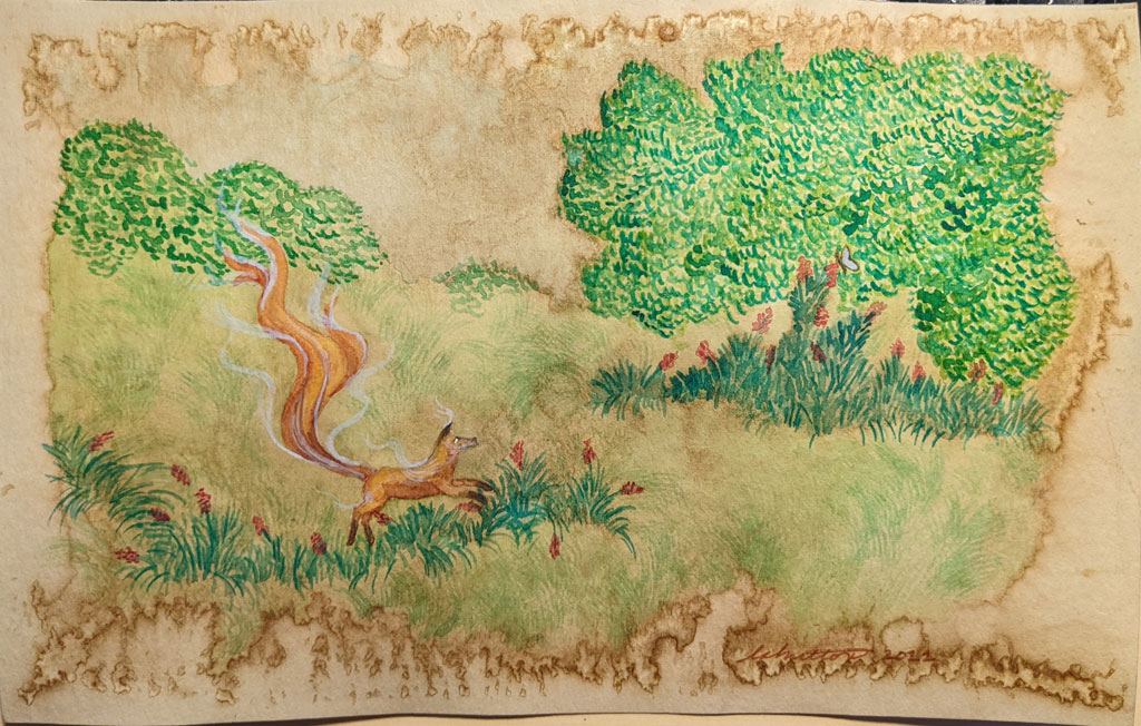 Fox and Butterfly | 8.5in x 5.5in | Tea stained watercolor paper | 2022
