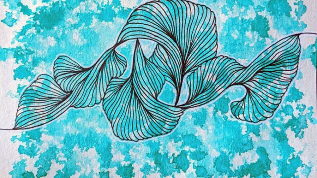 Untitled (2023-22) | Black and white marker and green ink on tea stained watercolor paper | 5 in x 7 in | 2023 Untitled (2023-22) | Black and white marker and green ink on tea stained watercolor paper | 5 in x 7 in | 2023