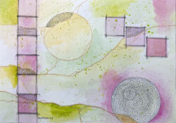 Colorplay 14 | Watercolor on paper | 5 inches by 7 inches | 2023 An abstract pattern of watercolor paint in fuchsia, light green, and yellow. Black pen lines form a vertical row of squares down the left side and three squares horizontally on the right. Black dots create a circle in the lower right and accent portions of the squares, while gold paint highlights fissures across the page.
